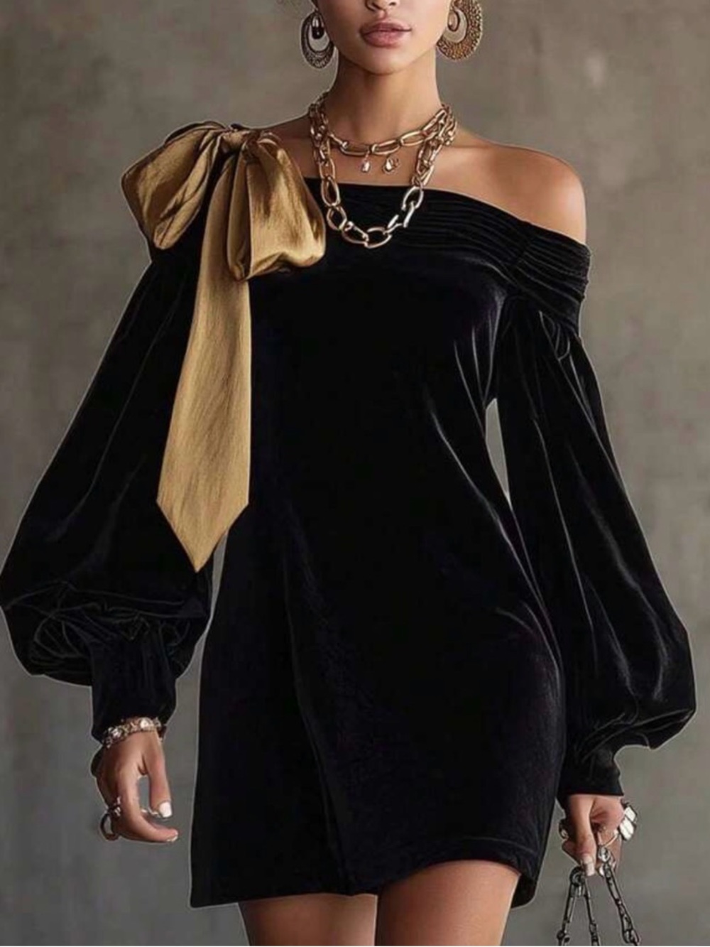 Black Velvet Off Shoulder Mini Dress Gold Bow Detail Statement Sleeve